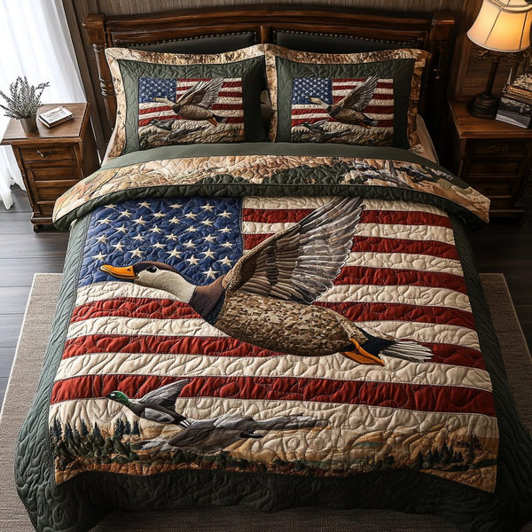 Mallard Ducks Flight quilted 3-piece bedding set on a made bed with two matching pillow shams
