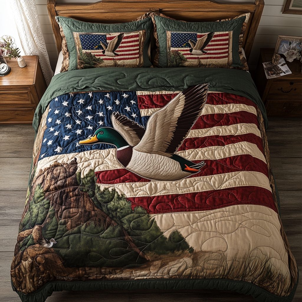 Mallard Ducks Hunt quilted 3-piece bedding set on a made bed with two matching pillow shams