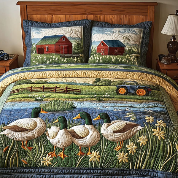 Mallard Magic quilted 3-piece bedding set on a made bed with two matching pillow shams