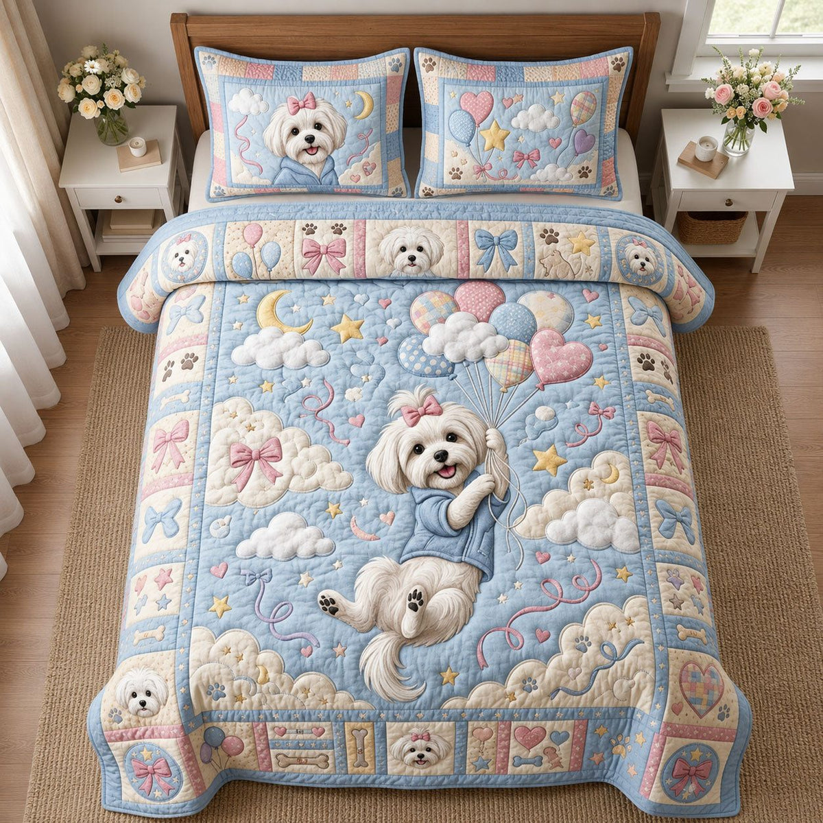 Maltese Balloon quilted 3-piece bedding set on a made bed with two matching pillow shams