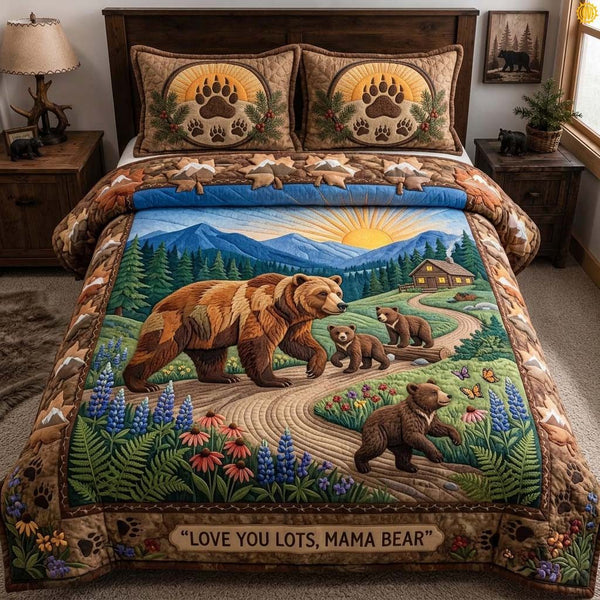 Mama Bear Autumn quilted 3-piece bedding set on a made bed with two matching pillow shams