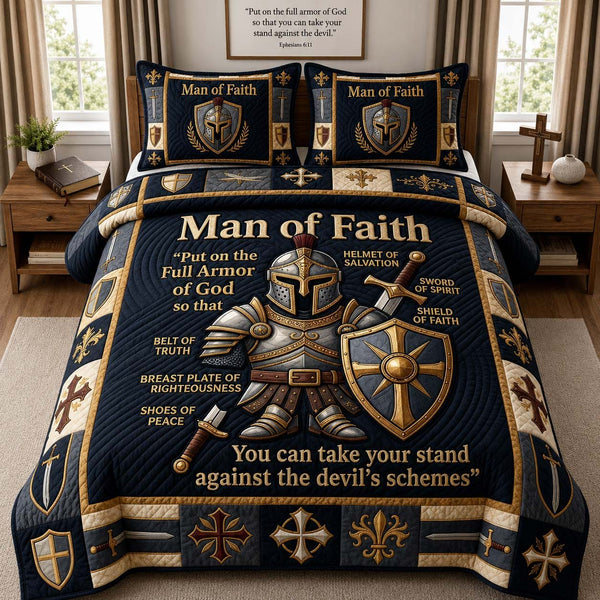 Man of Faith quilted 3-piece bedding set on a made bed in a softly lit bedroom
