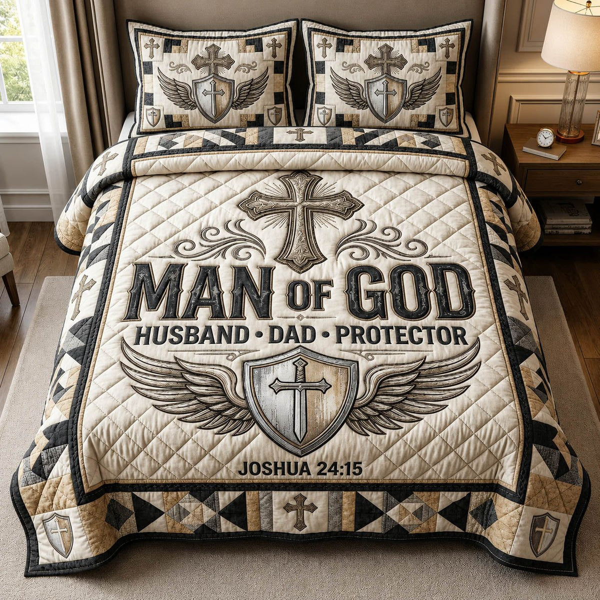 Man Of God quilted 3-piece bedding set on a made bed in a softly lit bedroom