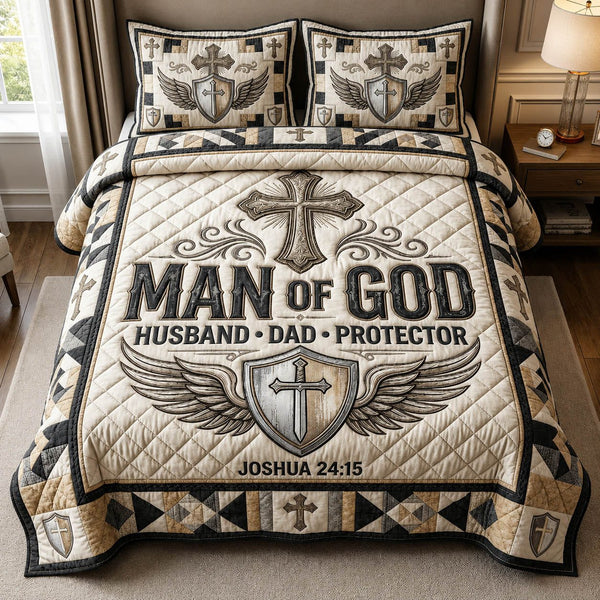 Man Of God quilted 3-piece bedding set on a made bed in a softly lit bedroom