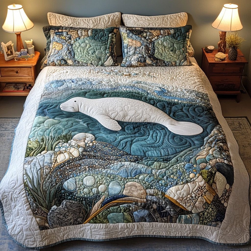Manatee in Calm Waters quilted 3-piece bedding set on a made bed with two matching pillow shams