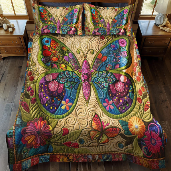 Mandala Butterflies quilted 3-piece bedding set on a made bed with two matching pillow shams