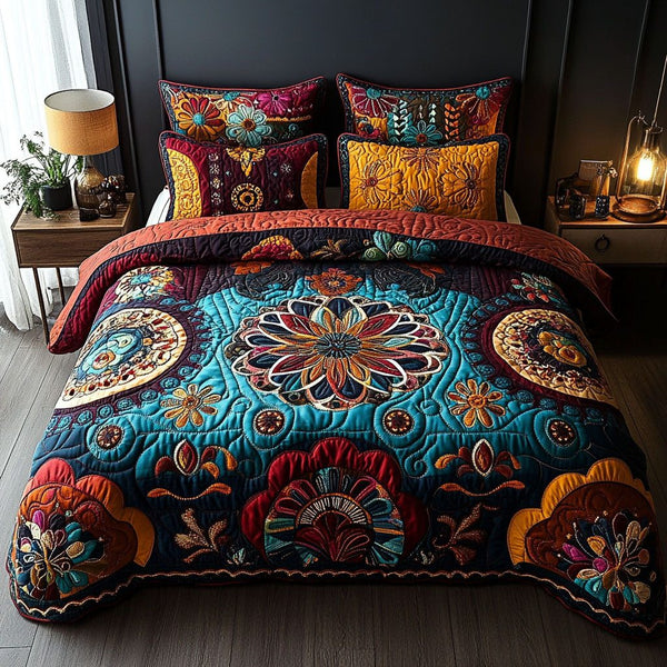 Mandala Dream quilted 3-piece bedding set on a made bed with two matching pillow shams