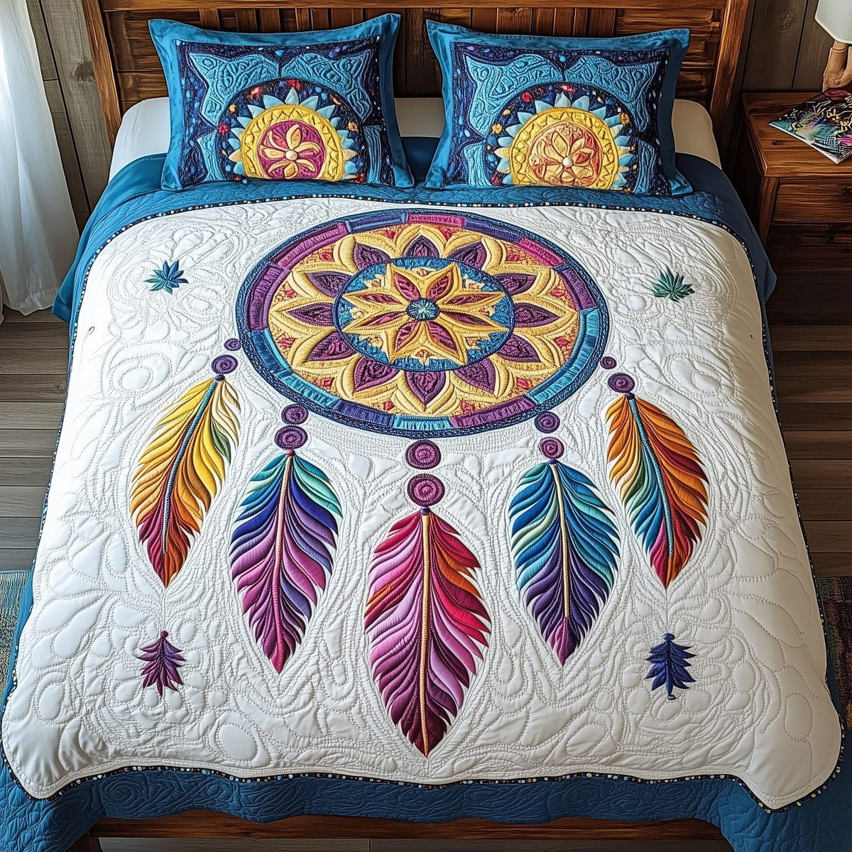 Mandala Dreamcatcher quilted 3-piece bedding set on a made bed with two matching pillow shams