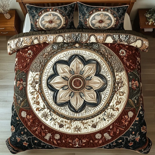 Mandala Elegance quilted 3-piece bedding set on a made bed with two matching pillow shams