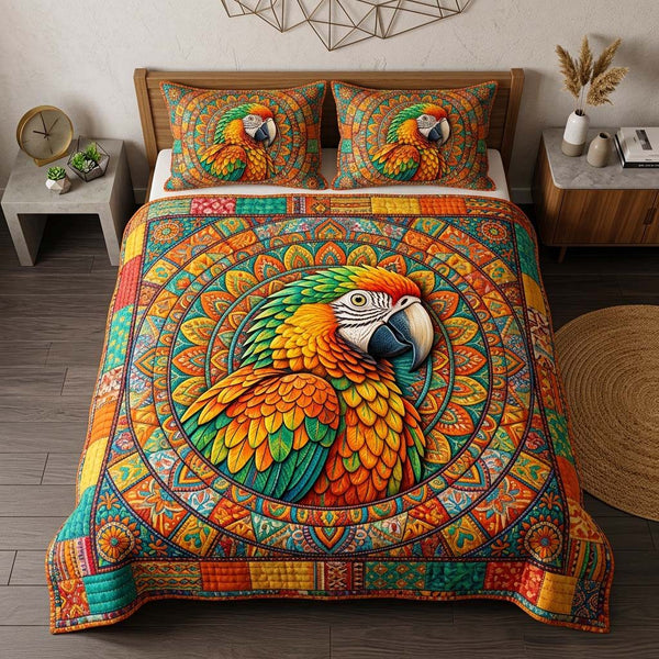 Mandala Parrot quilted 3-piece bedding set on a made bed with two matching pillow shams