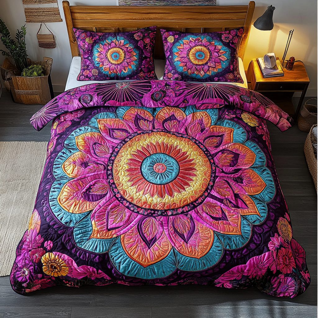 Mandala Pattern quilted 3-piece bedding set on a made bed with two matching pillow shams