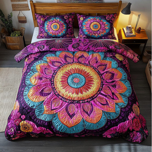 Mandala Pattern quilted 3-piece bedding set on a made bed with two matching pillow shams