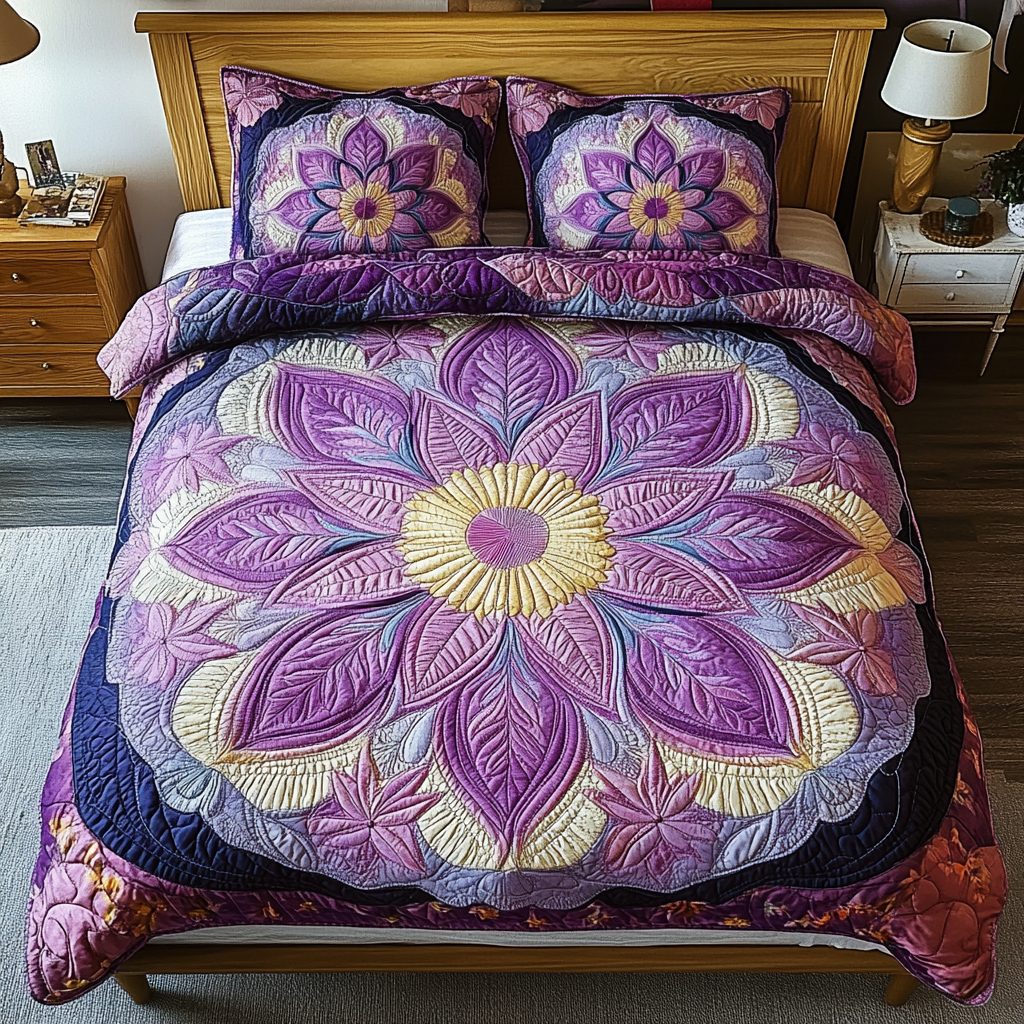 Mandala Shape quilted 3-piece bedding set on a made bed with two matching pillow shams