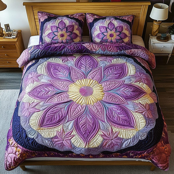 Mandala Shape quilted 3-piece bedding set on a made bed with two matching pillow shams