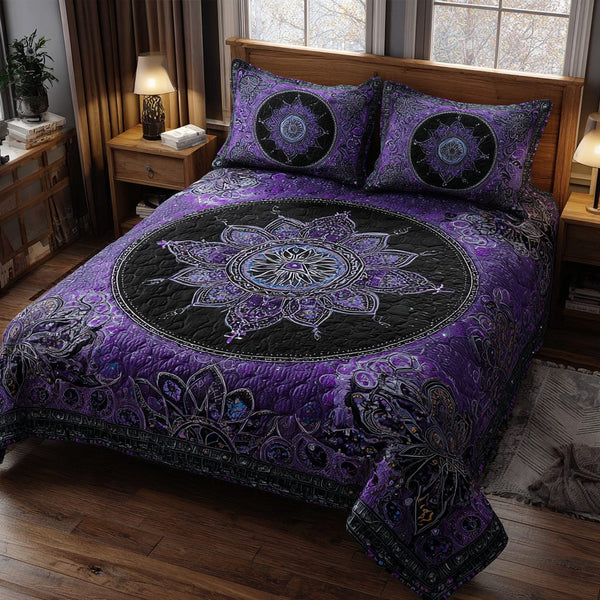 Mandala Style quilted 3-piece bedding set on a made bed with two matching pillow shams