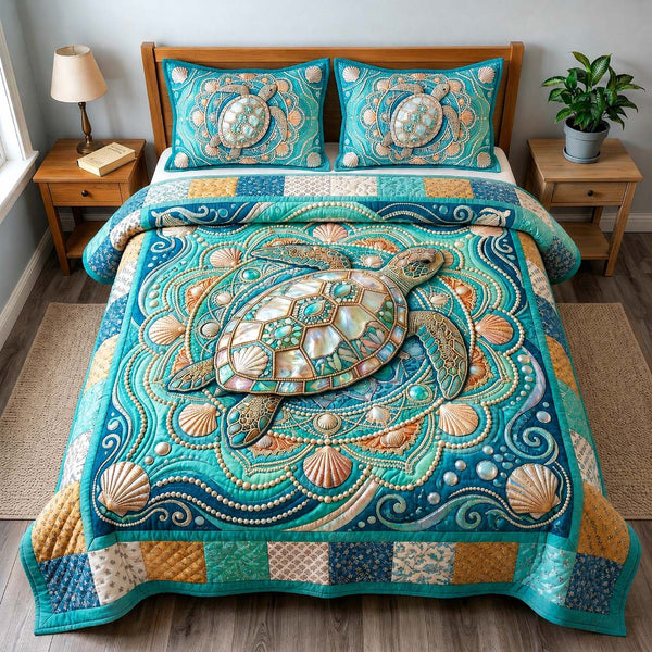 Mandala Turtle quilted 3-piece bedding set on a made bed in a light coastal bedroom
