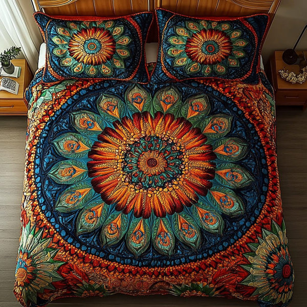 Mandala Zenith quilted 3-piece bedding set on a made bed with two matching pillow shams