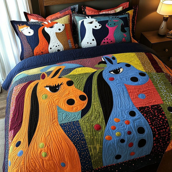 Mane Whimsy quilted 3-piece bedding set on a made bed with two matching pillow shams