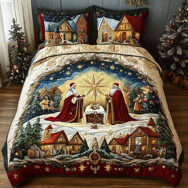 Manger Light quilted 3-piece bedding set on a made bed with two matching pillow shams