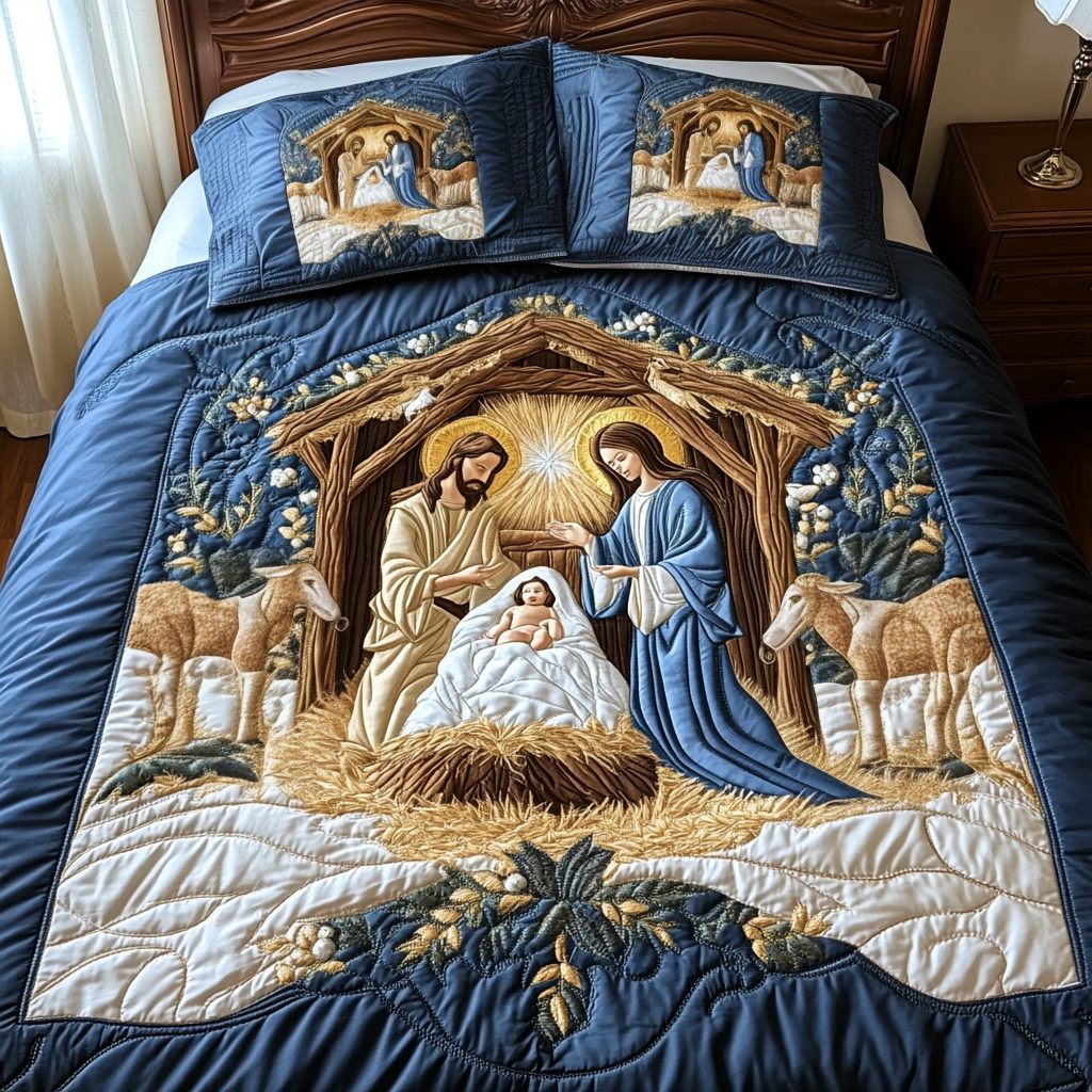 Manger Majesty quilted 3-piece bedding set on a made bed with two matching pillow shams