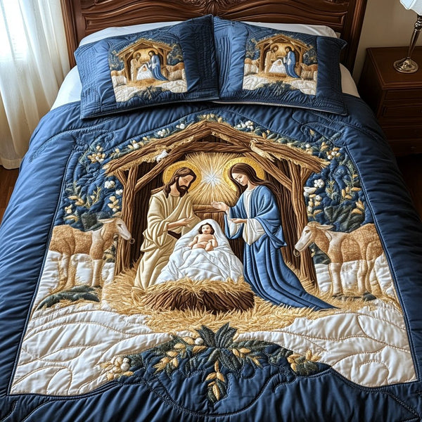 Manger Majesty quilted 3-piece bedding set on a made bed with two matching pillow shams