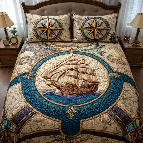 Map Explorer quilted 3-piece bedding set on a made bed with two matching pillow shams