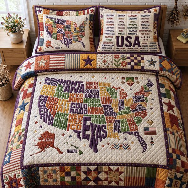 Map Of US quilted 3-piece bedding set on a made bed with two matching pillow shams