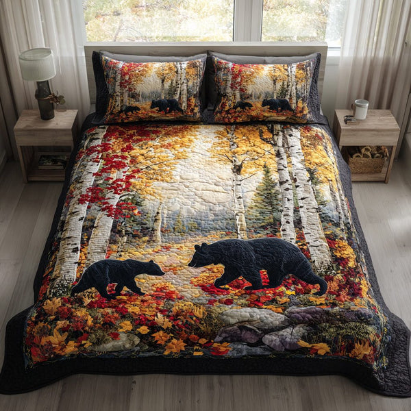 Maple Bear Grove quilted 3-piece bedding set on a made bed with two matching pillow shams