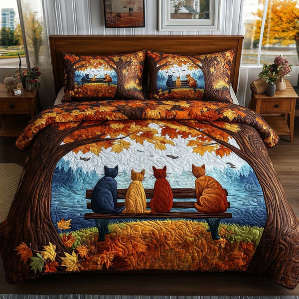 Maple Cat Magic quilted 3-piece bedding set on a made bed with two matching pillow shams