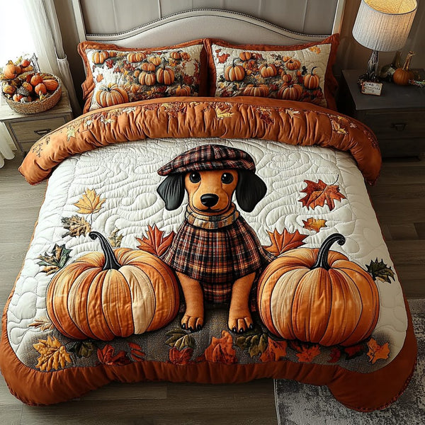 Maple Dachshund quilted 3-piece bedding set on a made bed with two matching pillow shams