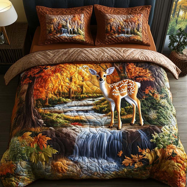 Maple Fawn quilted 3-piece bedding set on a made bed with two matching pillow shams
