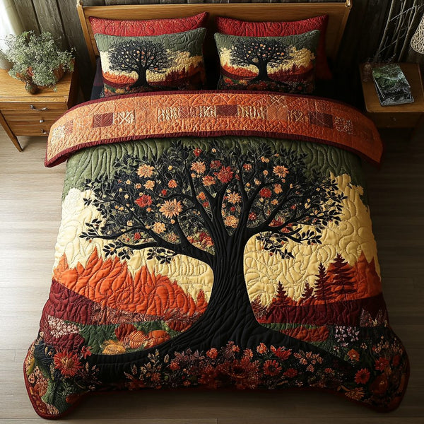 Maple Grove quilted 3-piece bedding set on a made bed with two matching pillow shams