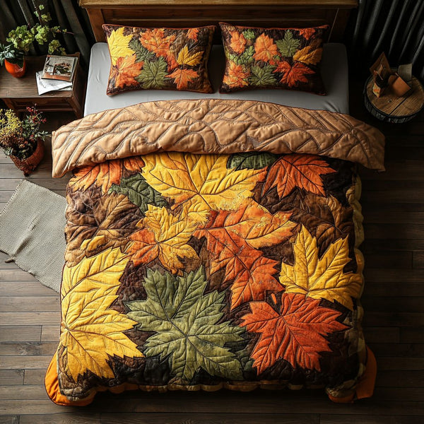 Maple Harmony quilted 3-piece bedding set on a made bed with two matching pillow shams