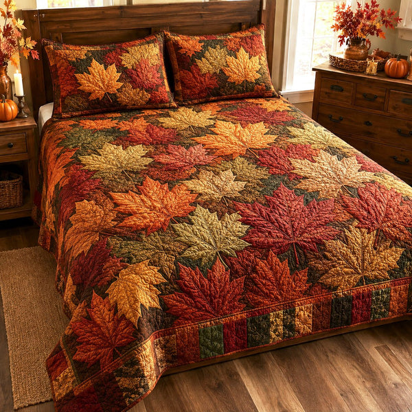 Maple Harmony quilted 3-piece bedding set on a made bed with two matching pillow shams