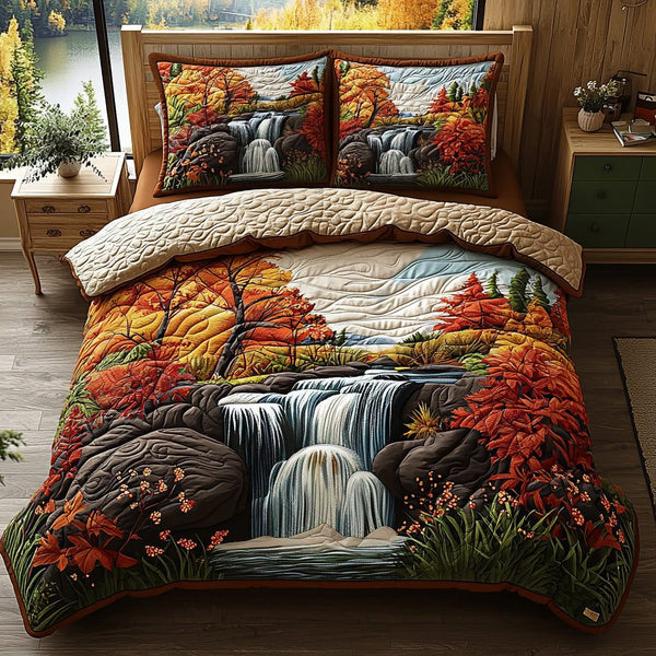 Maple Haven quilted 3-piece bedding set on a made bed with two matching pillow shams