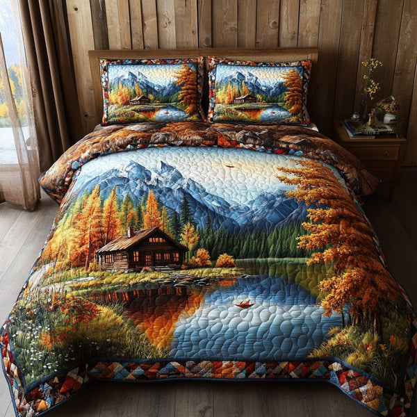 Maple Lake Cabin quilted 3-piece bedding set on a made bed with two matching pillow shams