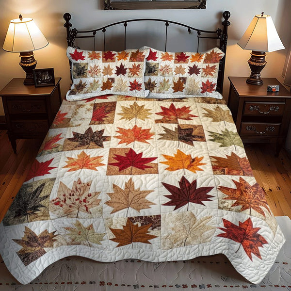 Maple Leaves Fall quilted 3-piece bedding set on a made bed with two matching pillow shams