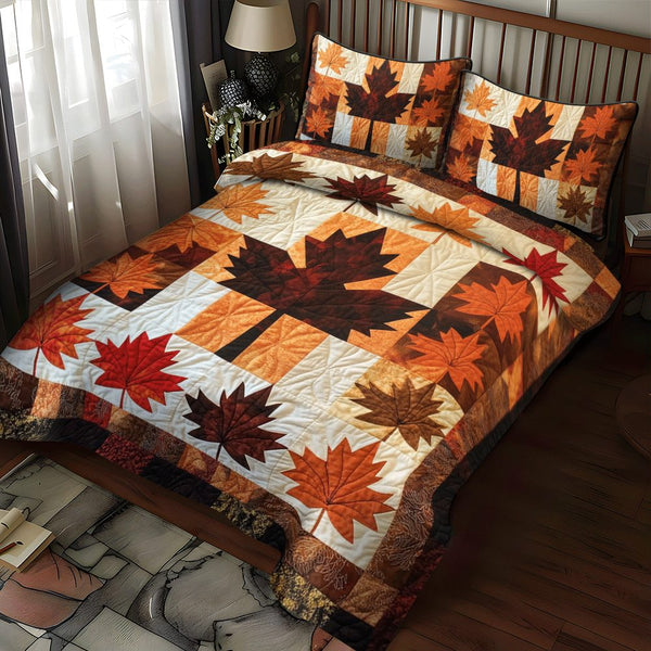 Maple Leaves Thanksgiving quilted 3-piece bedding set on a made bed with two matching pillow shams