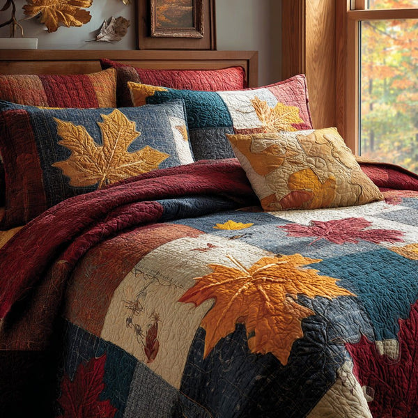 Maple Mosaic quilted 3-piece bedding set on a made bed with two matching pillow shams