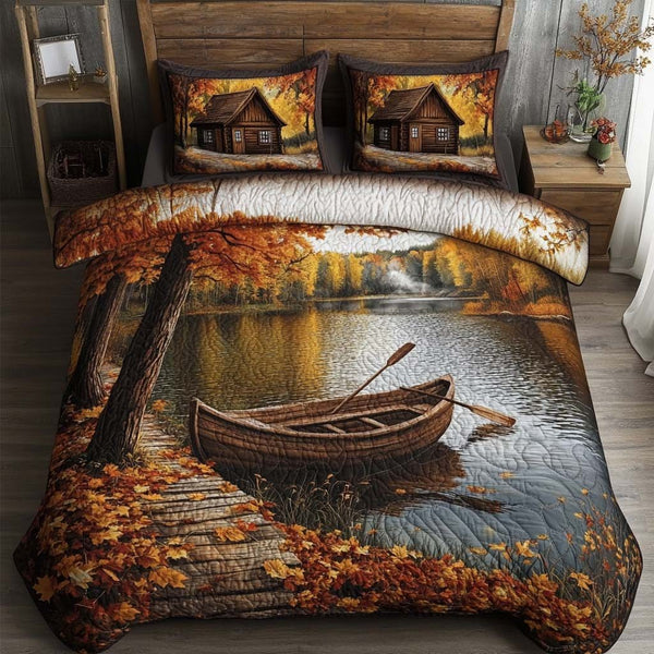 Maple Retreat quilted 3-piece bedding set on a made bed with two matching pillow shams