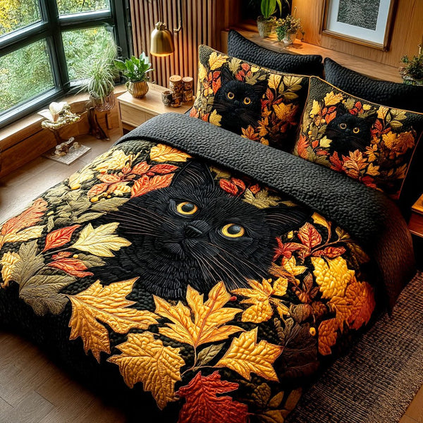 Maple Shadow Cat quilted 3-piece bedding set on a made bed with two matching pillow shams
