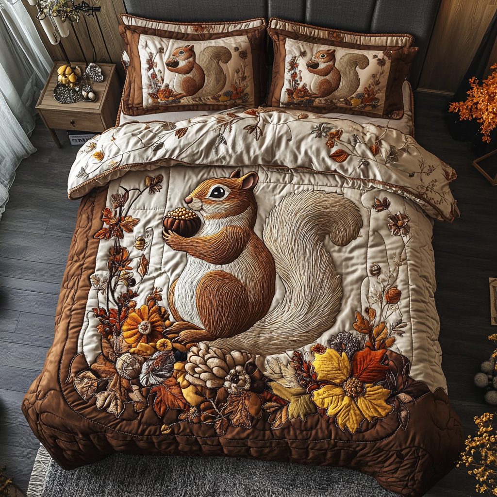 Maple Squirrel quilted 3-piece bedding set on a made bed with two matching pillow shams