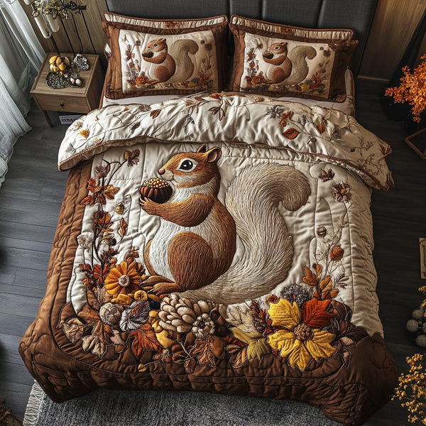 Maple Squirrel quilted 3-piece bedding set on a made bed with two matching pillow shams