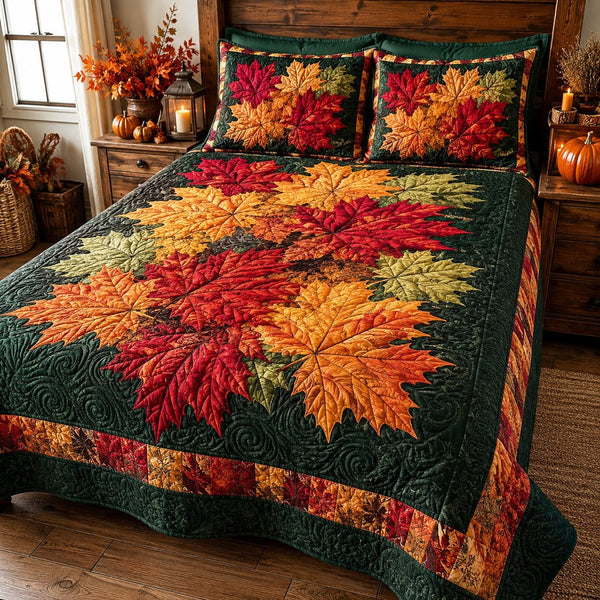 Maple Tapestry quilted 3-piece bedding set on a made bed with two matching pillow shams