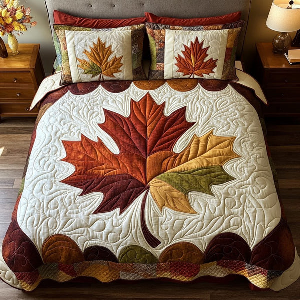 Maple Touch quilted 3-piece bedding set on a made bed with two matching pillow shams
