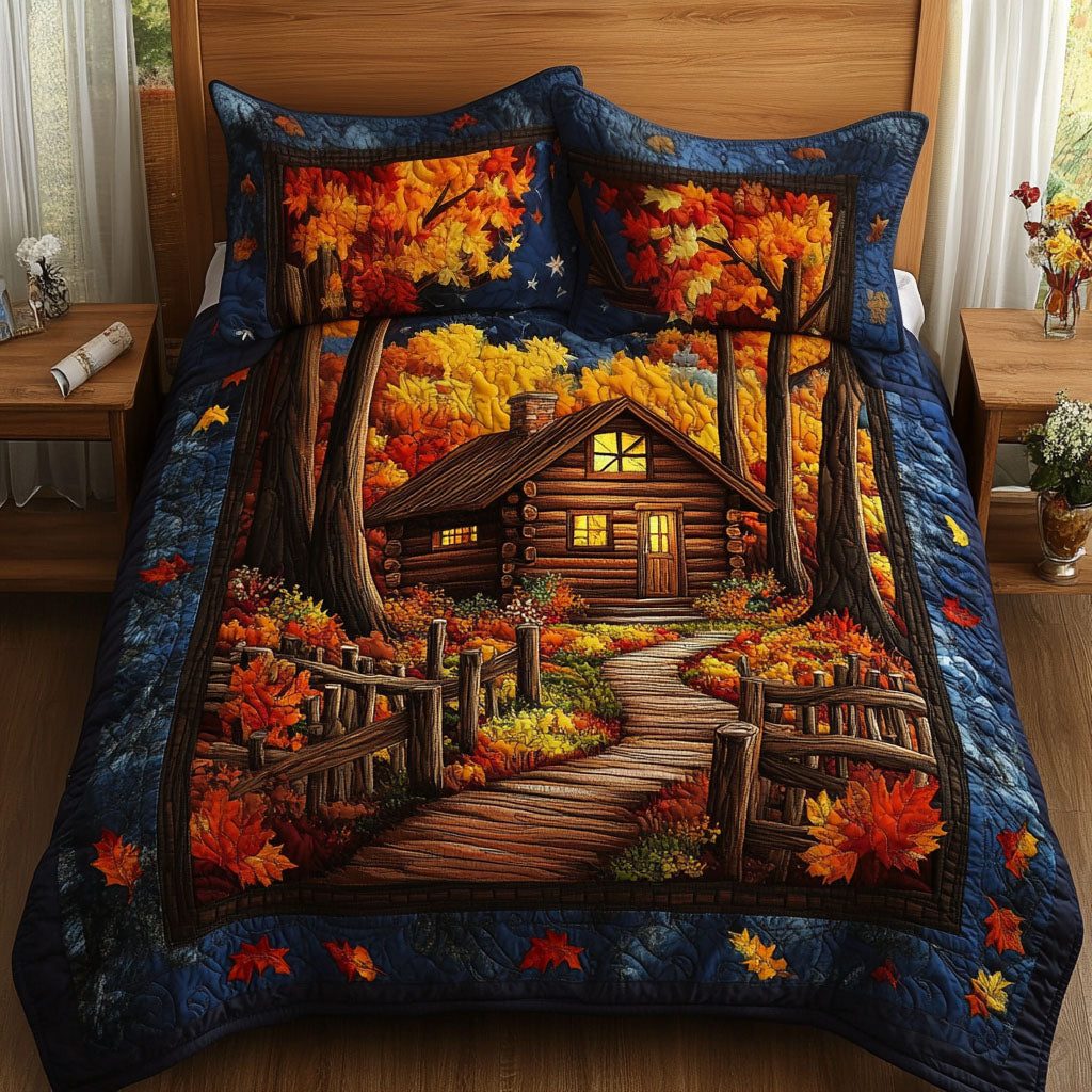 Maple Walk quilted 3-piece bedding set on a made bed with two matching pillow shams