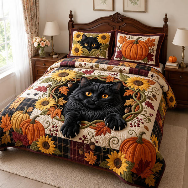 Maple Whiskers quilted 3-piece bedding set on a made bed with two matching pillow shams