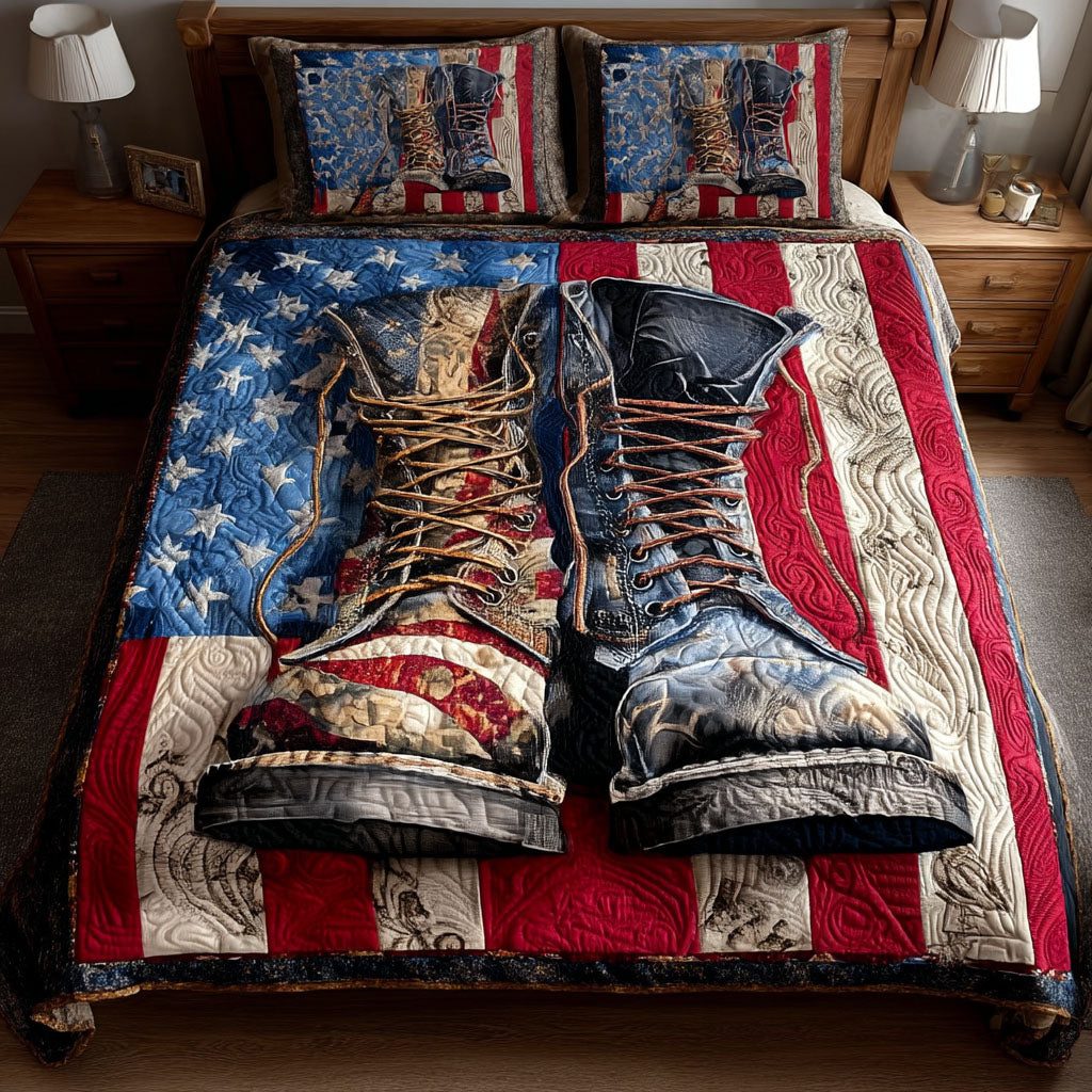March for Freedom quilted 3-piece bedding set on a made bed in a warmly lit bedroom