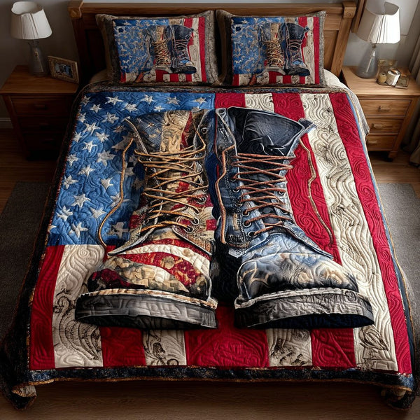March for Freedom quilted 3-piece bedding set on a made bed in a warmly lit bedroom