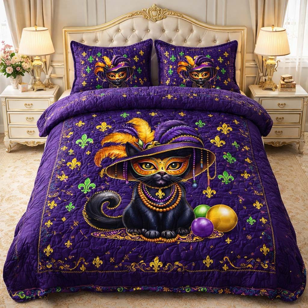 Mardi Cat quilted 3-piece bedding set on a made bed with two matching pillow shams